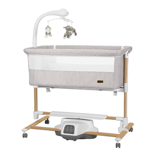 Patut leagan electric Carrello Bloom Silk Beige Wooden, max. 9 kg, 85x50 cm, cu senzor de miscare, telecomanda, 7 moduri de leganare, 5 viteze, timer, carusel electric cu proiector