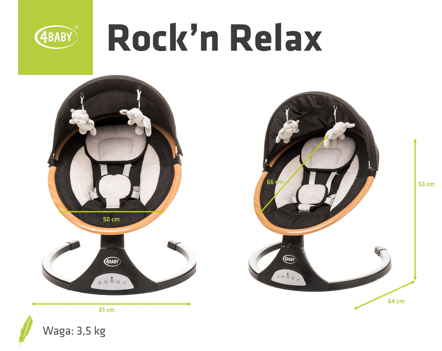 Leagan electric cu telecomanda 4Baby Rock'n Relax Wood Negru, max. 9 Kg, telecomanda, 5 viteze, 12 melodii, timer, USB