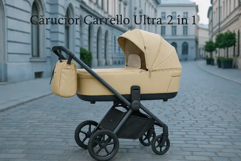 Travel sistemul ultra pentru bebeluși 2 în 1 Beige, cu un cadru negru.