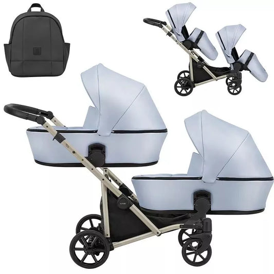 Carucior pentru gemeni Kunert Brav Duo 2 in 1, piele ecologica, Baby Blue/cadru Champagne