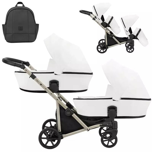 Carucior pentru gemeni Kunert Brav Duo 2 in 1, piele ecologica, Alb/cadru Champagne