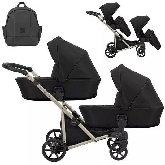 Carucior pentru gemeni Kunert Brav Duo 2 in 1, piele ecologica, Negru/cadru Champagne