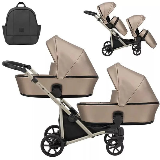 Carucior pentru gemeni Kunert Brav Duo 2 in 1, piele ecologica, Cappuccino/cadru Champagne