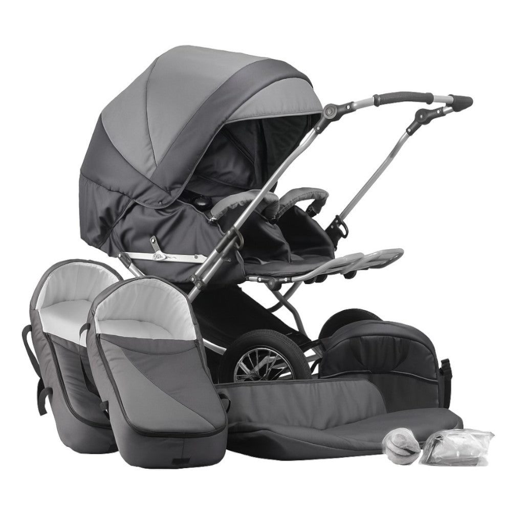 Carucior pentru gemeni clasic Nativo Classico Duo Grafit/Gri model clasic scaune reversibile roti gonflabile mari