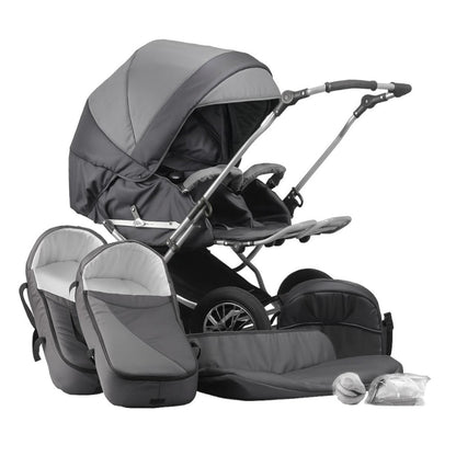 Carucior pentru gemeni clasic Nativo Classico Duo Grafit/Gri model clasic scaune reversibile roti gonflabile mari