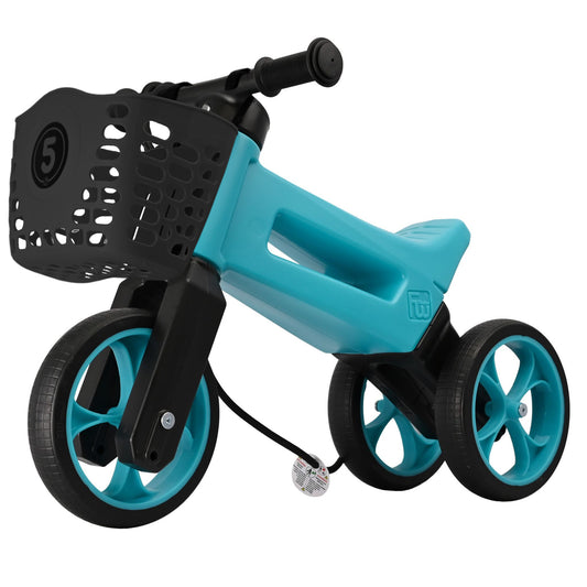 Bicicleta fara pedale cu cosulet pentru ghidon, 2 in 1, 18+ luni, pneuri si manere de cauciuc, 4 nivele de reglaj pe inaltime, Funny Wheels Rider SuperSport Aqua/Black