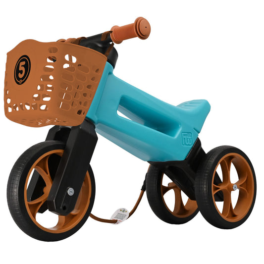 Bicicleta fara pedale cu cosulet pentru ghidon, 2 in 1, 18+ luni, pneuri si manere de cauciuc, 4 nivele de reglaj pe inaltime, Funny Wheels Rider SuperSport Aqua/Brown