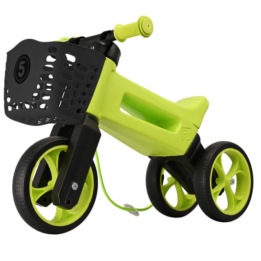 Bicicleta fara pedale cu cosulet pentru ghidon, 2 in 1, 18+ luni, pneuri si manere de cauciuc, 4 nivele de reglaj pe inaltime, Funny Wheels Rider SuperSport Lime/Black
