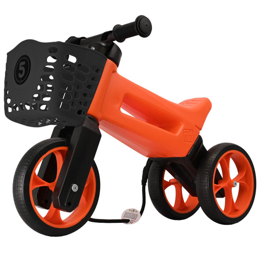 Bicicleta fara pedale cu cosulet pentru ghidon, 2 in 1, 18+ luni, pneuri si manere de cauciuc, 4 nivele de reglaj pe inaltime, Funny Wheels Rider SuperSport Sunset Orange/Black