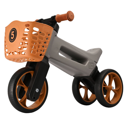 Bicicleta fara pedale cu cosulet pentru ghidon, 2 in 1, 18+ luni, pneuri si manere de cauciuc, 4 nivele de reglaj pe inaltime, Funny Wheels Rider SuperSport Matte Grey/Brown