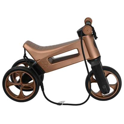 Bicicleta fara pedale cu cosulet pentru ghidon, 2 in 1, 18+ luni, pneuri si manere de cauciuc, 4 nivele de reglaj pe inaltime, Funny Wheels Rider SuperSport Copper/Black