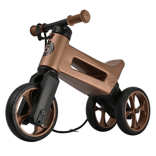 Bicicleta fara pedale cu cosulet pentru ghidon, 2 in 1, 18+ luni, pneuri si manere de cauciuc, 4 nivele de reglaj pe inaltime, Funny Wheels Rider SuperSport Copper/Black