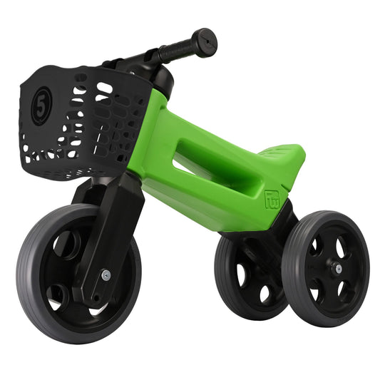 Bicicleta fara pedale cu cosulet pentru ghidon, 2 in 1, 18+ luni, pneuri de cauciuc, 4 nivele de reglaj pe inaltime, Funny Wheels Rider Sport Green/Black