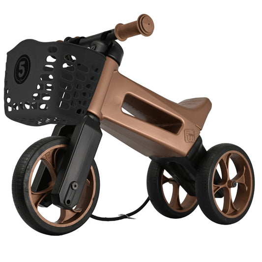 Bicicleta fara pedale cu cosulet pentru ghidon, 2 in 1, 18+ luni, pneuri si manere de cauciuc, 4 nivele de reglaj pe inaltime, Funny Wheels Rider SuperSport Copper/Black