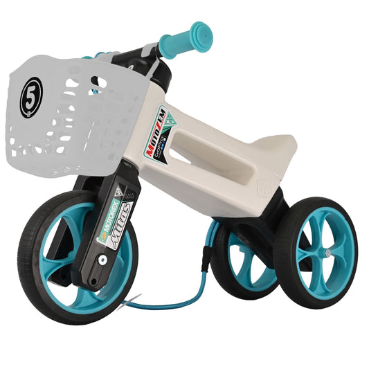 Bicicleta fara pedale cu cosulet pentru ghidon, 2 in 1, 18+ luni, pneuri si manere de cauciuc, 4 nivele de reglaj pe inaltime, Funny Wheels Rider SuperSport Dakar Podmol/White