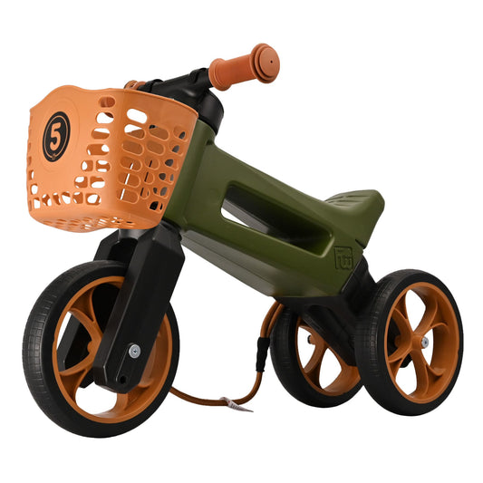 Bicicleta fara pedale cu cosulet pentru ghidon, 2 in 1, 18+ luni, pneuri si manere de cauciuc, 4 nivele de reglaj pe inaltime, Funny Wheels Rider SuperSport Khaki/Brown