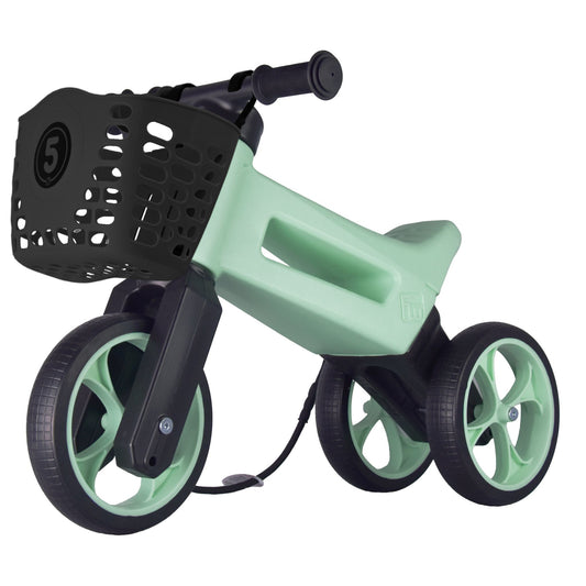 Bicicleta fara pedale cu cosulet pentru ghidon, 2 in 1, 18+ luni, pneuri si manere de cauciuc, 4 nivele de reglaj pe inaltime, Funny Wheels Rider SuperSport Pastel Mint/Black
