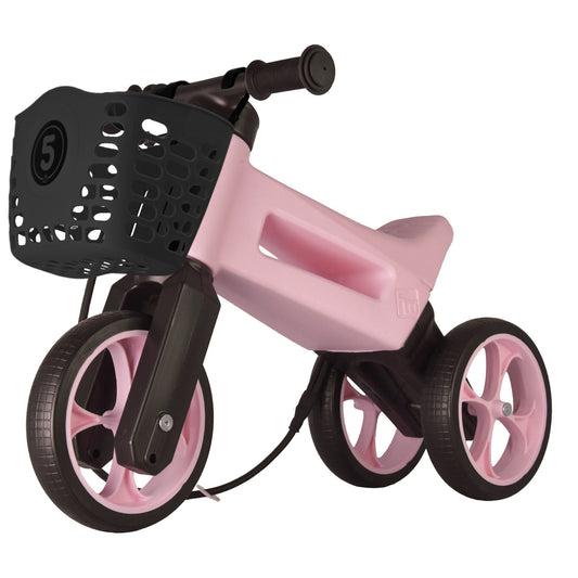 Bicicleta fara pedale cu cosulet pentru ghidon, 2 in 1, 18+ luni, pneuri si manere de cauciuc, 4 nivele de reglaj pe inaltime, Funny Wheels Rider SuperSport Pastel Baby Pink/Black
