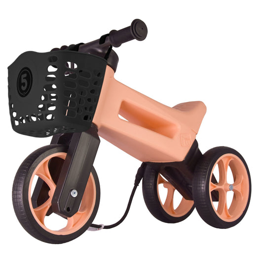 Bicicleta fara pedale cu cosulet pentru ghidon, 2 in 1, 18+ luni, pneuri si manere de cauciuc, 4 nivele de reglaj pe inaltime, Funny Wheels Rider SuperSport Pastel Apricot/Black