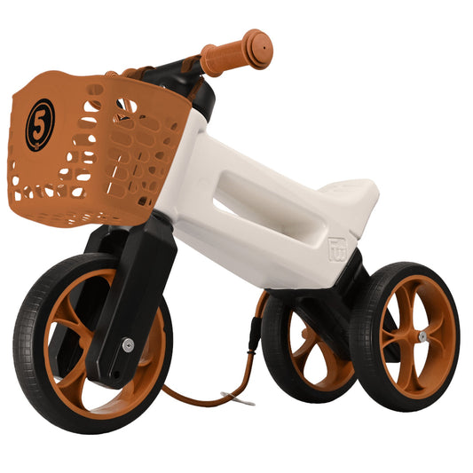 Bicicleta fara pedale cu cosulet pentru ghidon, 2 in 1, 18+ luni, pneuri si manere de cauciuc, 4 nivele de reglaj pe inaltime, Funny Wheels Rider SuperSport Pearl/Brown