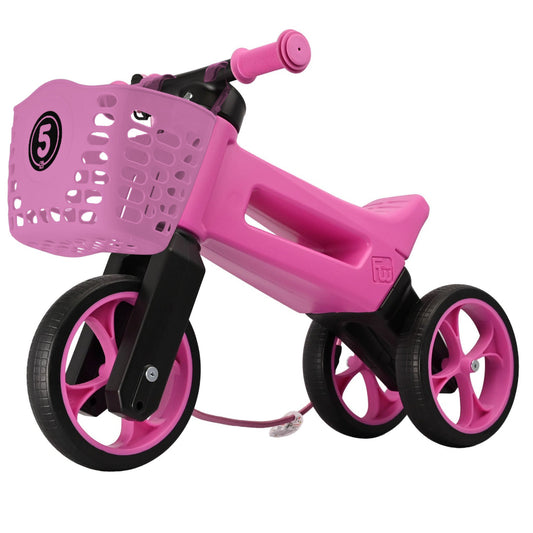 Bicicleta fara pedale cu cosulet pentru ghidon, 2 in 1, 18+ luni, pneuri si manere de cauciuc, 4 nivele de reglaj pe inaltime, Funny Wheels Rider SuperSport Violet/Pink