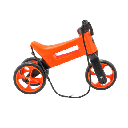 Bicicleta fara pedale cu cosulet pentru ghidon, 2 in 1, 18+ luni, pneuri si manere de cauciuc, 4 nivele de reglaj pe inaltime, Funny Wheels Rider SuperSport Sunset Orange/Black