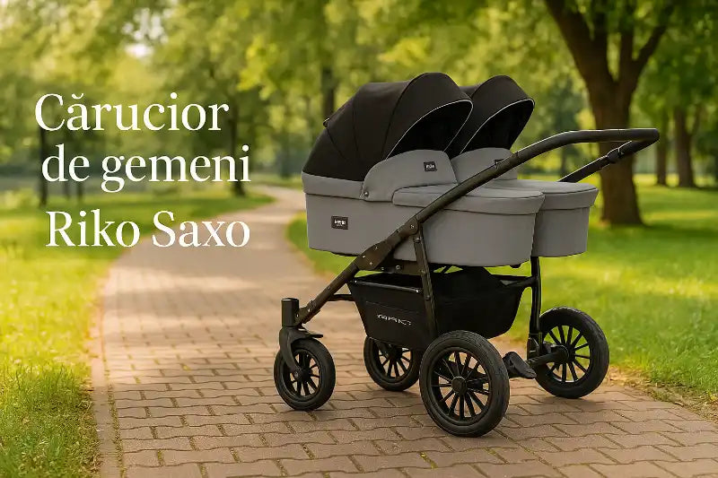 Carucior pentru gemeni Riko Basic Saxo Grey cu scaune reversibile si  roti cu aer