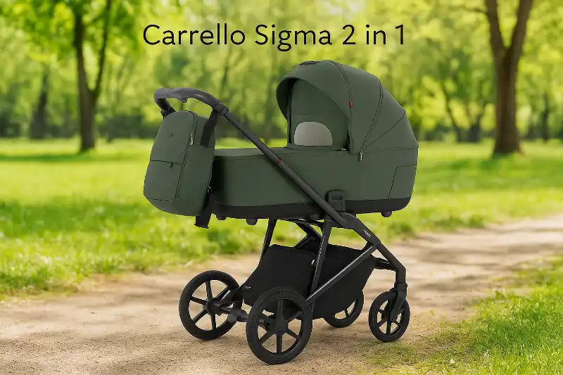 Carucior pentru bebeluși 2 în 1, verde închis, cu pătuț și geantă separată.