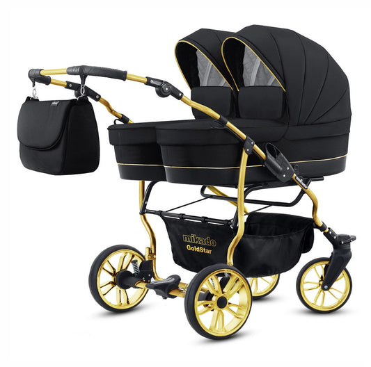 Carucior pentru gemeni 2 in 1 Mikado Goldstar GS-01 Negru/Cadru gold/Roti gold carucior-gemeni
