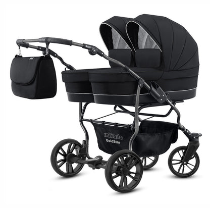 Carucior pentru gemeni 2 in 1 Mikado Goldstar GS-02 Negru/cadru negru/roti negre carucior-gemeni