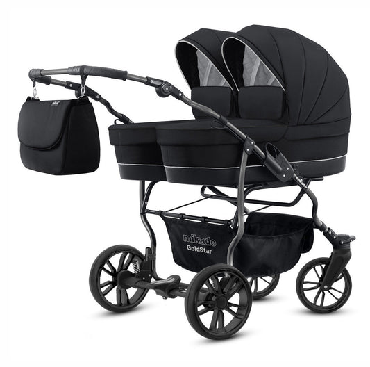 Carucior pentru gemeni 2 in 1 Mikado Goldstar GS-02 Negru/cadru negru/roti negre carucior-gemeni