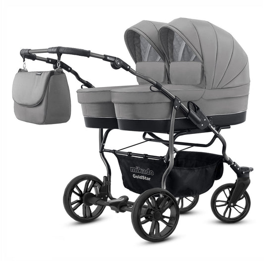 Carucior pentru gemeni 2 in 1 Mikado Goldstar GS-05 Gri/Cadru negru/Roti negre carucior-gemeni
