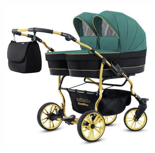 Carucior pentru gemeni 2 in 1 Mikado Goldstar GS-08 Smarald-Negru/Cadru gold/Roti gold carucior-gemeni