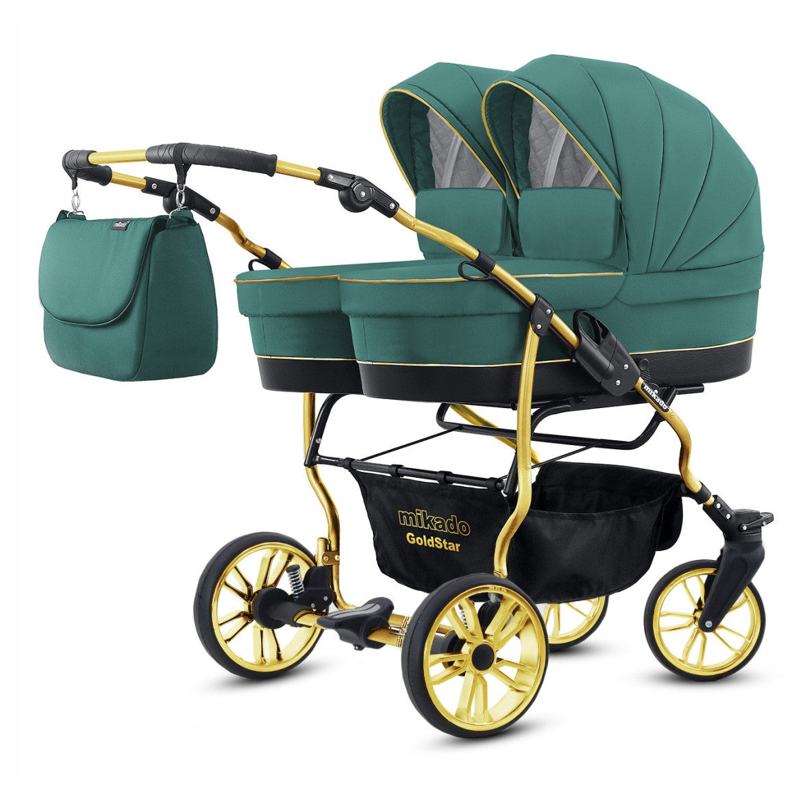 Carucior pentru gemeni 2 in 1 Mikado Goldstar GS-09 Smarald/Cadru gold/Roti gold carucior-gemeni