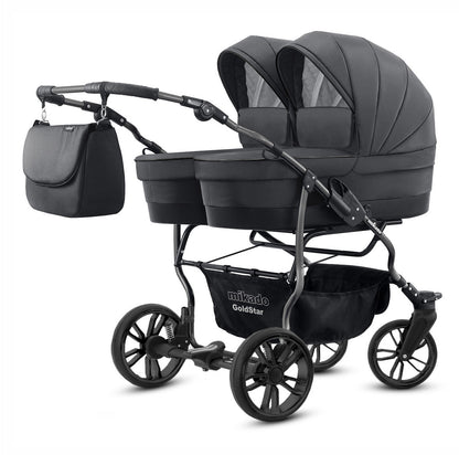 Carucior pentru gemeni 2 in 1 Mikado Goldstar GS-10 Grafit/Cadru negru/Roti negru carucior-gemeni