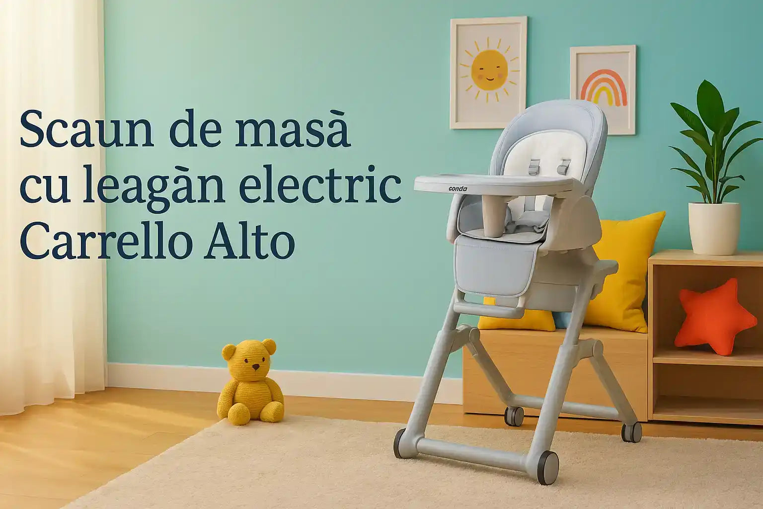 Scaun de masa cu leagan electric Carrello Alto CRL-10307 Almond Beige, 3 moduri de leganare, sezlong, telecomanda, melodii, sunete din natura, Bluetooth, senzor de miscare