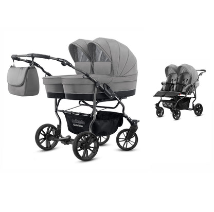 Carucior pentru gemeni 2 in 1 Mikado Goldstar GS-05 Gri/Cadru negru/Roti negre carucior-gemeni