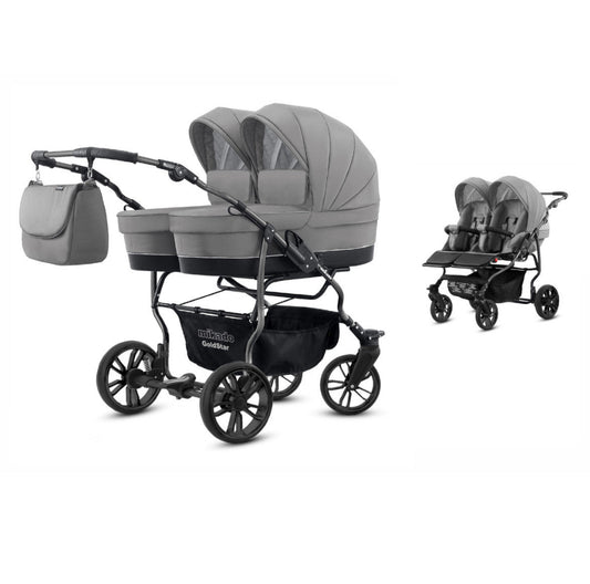Carucior pentru gemeni 2 in 1 Mikado Goldstar GS-05 Gri/Cadru negru/Roti negre carucior-gemeni