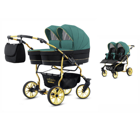 Carucior pentru gemeni 2 in 1 Mikado Goldstar GS-08 Smarald-Negru/Cadru gold/Roti gold carucior-gemeni