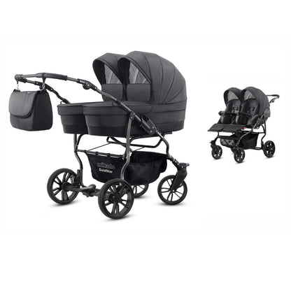 Carucior pentru gemeni 2 in 1 Mikado Goldstar GS-10 Grafit/Cadru negru/Roti negru carucior-gemeni