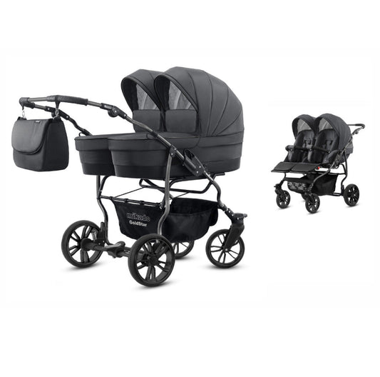 Carucior pentru gemeni 2 in 1 Mikado Goldstar GS-10 Grafit/Cadru negru/Roti negru carucior-gemeni