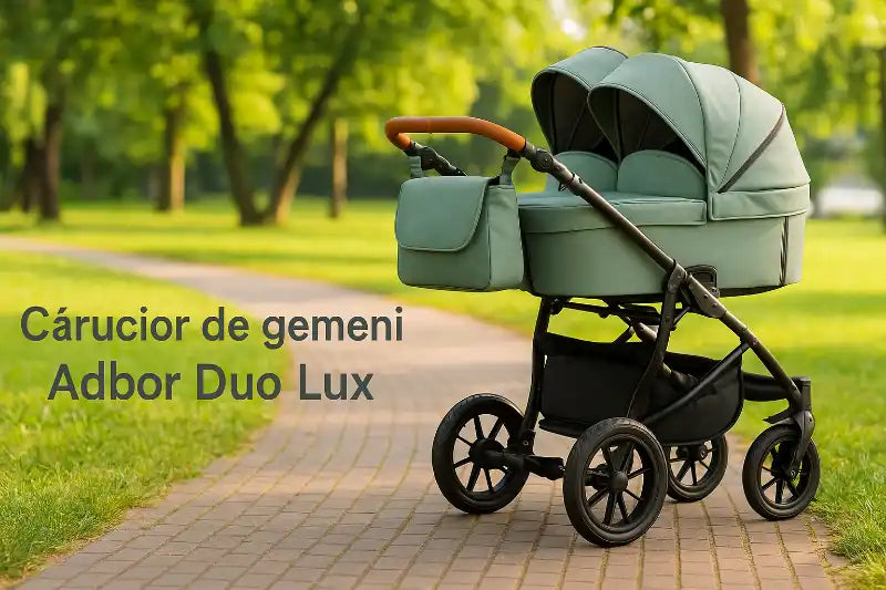 Carucior pentru gemeni cu cadru de aluminiu, scaune reglabile independent, landouri, geanta mamicii, husa de ploaie, husa contra insectelor