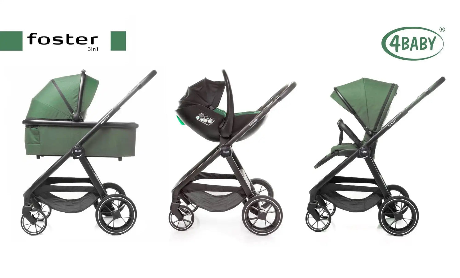 Un sistem versatil de cărucior pentru bebeluși verde și negru, cu multiple opțiuni de atașare pentru coșul de maternitate, scaunul auto și scaunul obișnuit.
